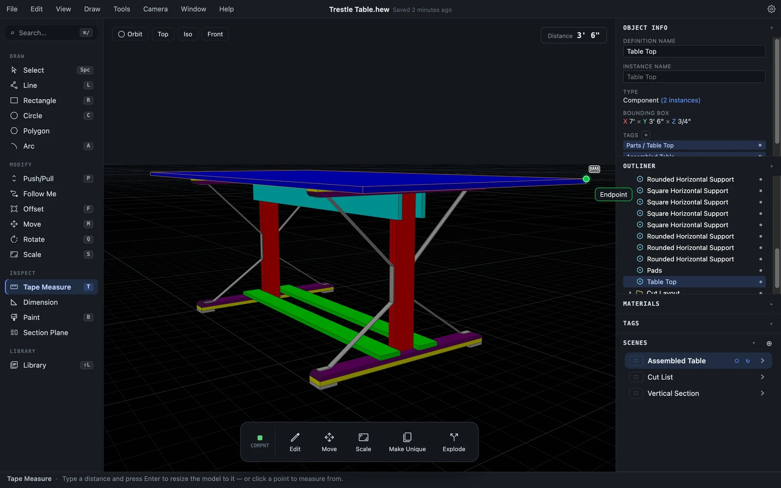 A furniture model with precise dimensions in the 3D modeling workspace